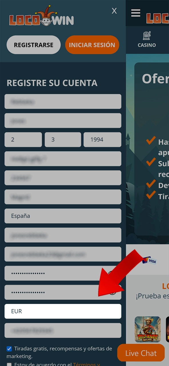 Valitse haluamasi valuutta LocoWin-pelissä pelaamista varten.